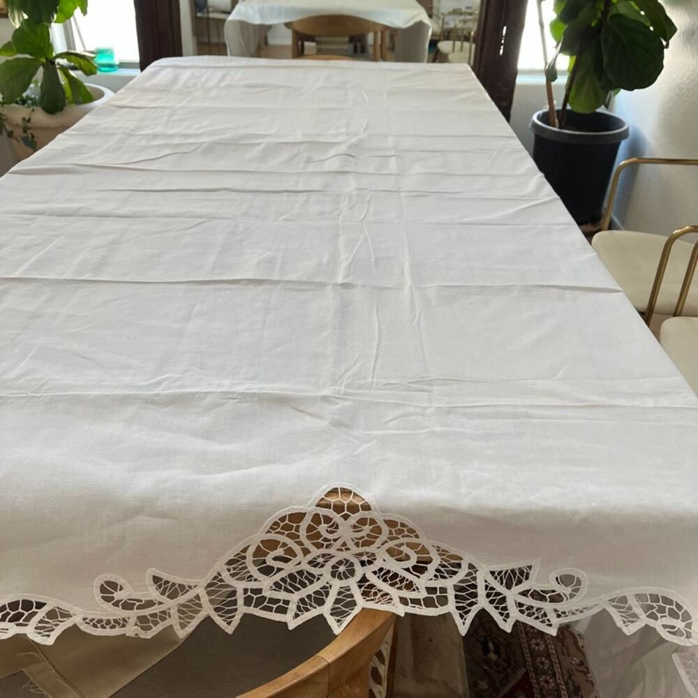 White Cotton Tablecloth 77" x 94" w/ Intricate Cutwork Edges